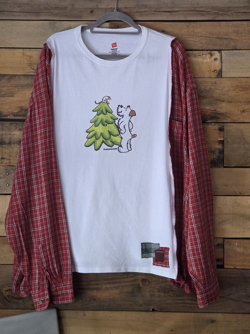 Upcycled White Graphic Tee with Red Plaid Sleeves